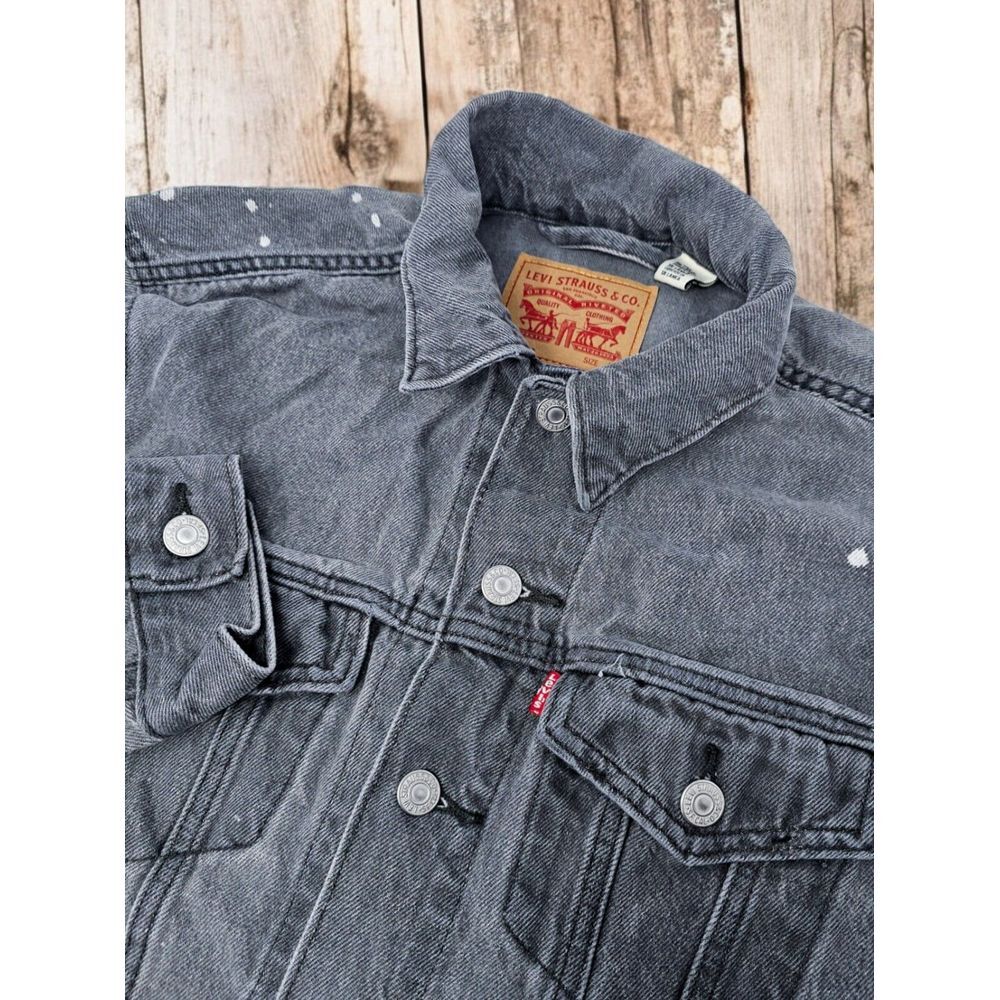 Levis Jacket Size Small‎ Women Gray Trucker Jean Coat Denim White Paint Splatter